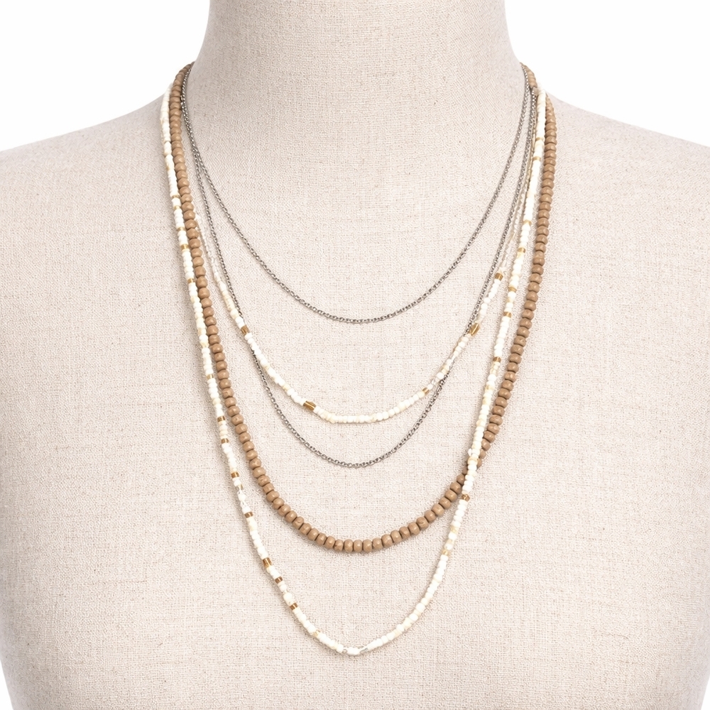 Gold Silver Layered Necklace with Wooden Beads | Boho Chic Jewelry